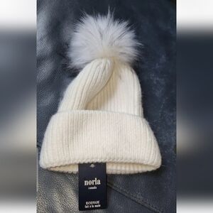 NWT NORLA Canada Handmade Cotton Wool Alpaca Knit Off Wht Pom Pom Beanie